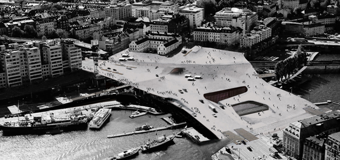 The curved fold reveals the subway underneath. Whats going on under the skin of Slussen??