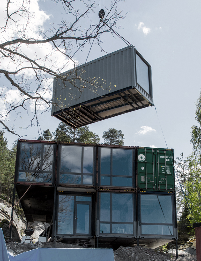 The top container will be used as a skylight and look-out place for the kids.