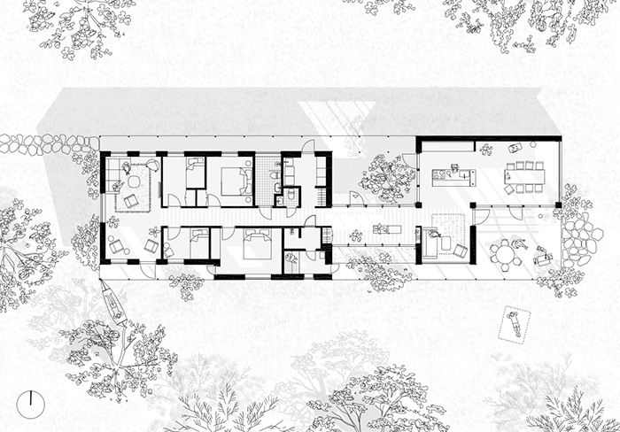 Plandrawing shows how the garden, the patios and roof openings intertwine.