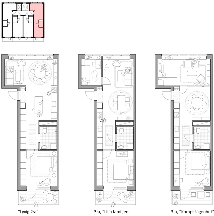 Three optional planlayouts for how to subdivide the 55 m2 apartment.
